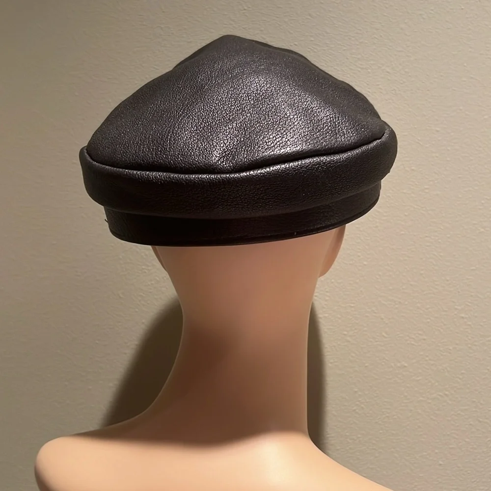 Boutique Faux Leather Hat In Black With Silver Trim Metal Chain And Badge O/S